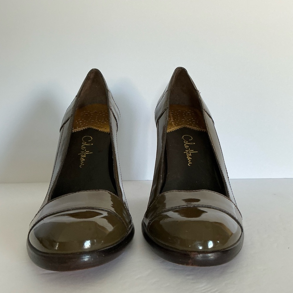 Cole Haan Kendra Nike Air Patent Leather Sepia/Green Block Heel Pumps 7,5 - Picture 3 of 15
